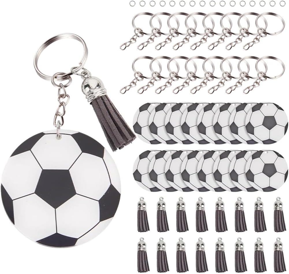 1 Box 64pcs Keychain Kits Sports Soccer Keychains Diy Acrylic Football Sport Themed Team Flatback Charm Bulk with Tassel for Jewelry Making Keychain Diy Bracelet Sports Favors Party Decor