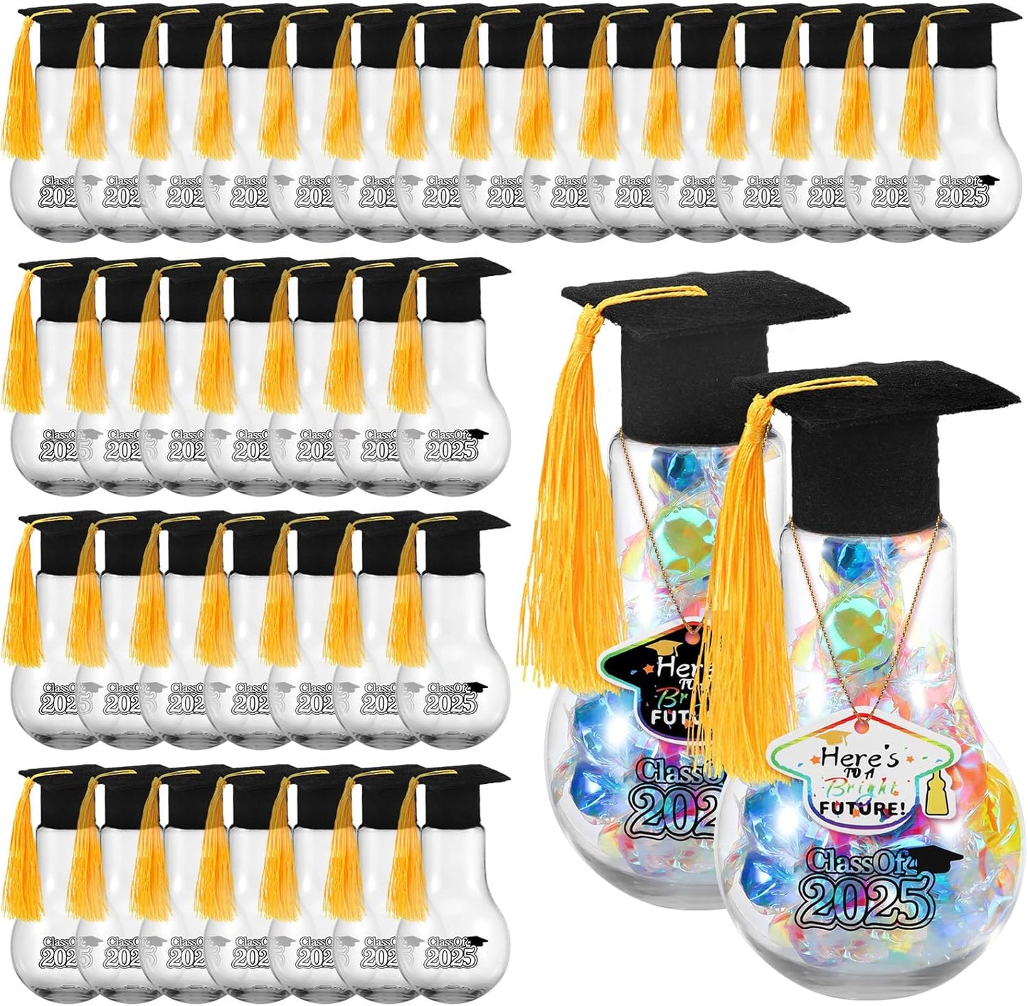 36 Pcs Graduation Light Bulb Candy Jars Class of 2025 Graduation Party Favors for Guests Grad Plastic Light Bulb with Card and Grad Hat Fillable Candy Containers, 100 ml