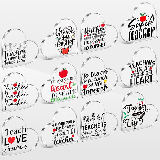 12 Pcs Teacher Appreciation Gifts, Teacher Gifts for Women, Acrylic Plaque Keepsake Paperweight Heart Shape for Appreciation Week Graduation Desk Office Decor