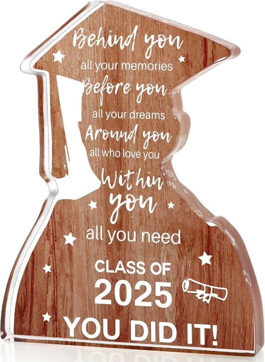2025 Graduation Gifts for Him Class Of 2025 College Graduation Decoration, Inspirational Positive Congratulations Graduation Quote Behind You All Your Memories Card Wood-Like Acrylic Plaque Desk Decor