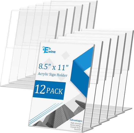 EHWINE 12 Pack 8.5 x 11 Acrylic Sign Holder, Clear Plastic Signs Display Stand, Vertical Slanted Back Paper Holder Stand up Table Top Sign Holders Flyer Stand Frames Suitable for Office Business Store