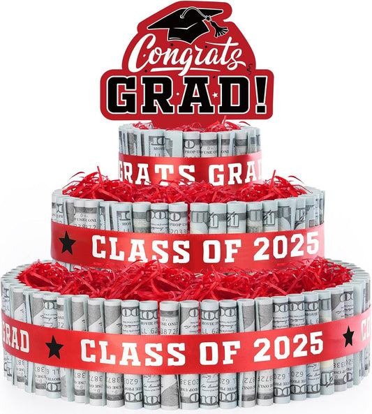 2025 Graduation Gifts for Class of 2025 Party Decorations,3 Tier Red Congrats Grad Cake Filled with Cash Money for College High School Graduation Funny Money Gifts Idea and Party Supplies