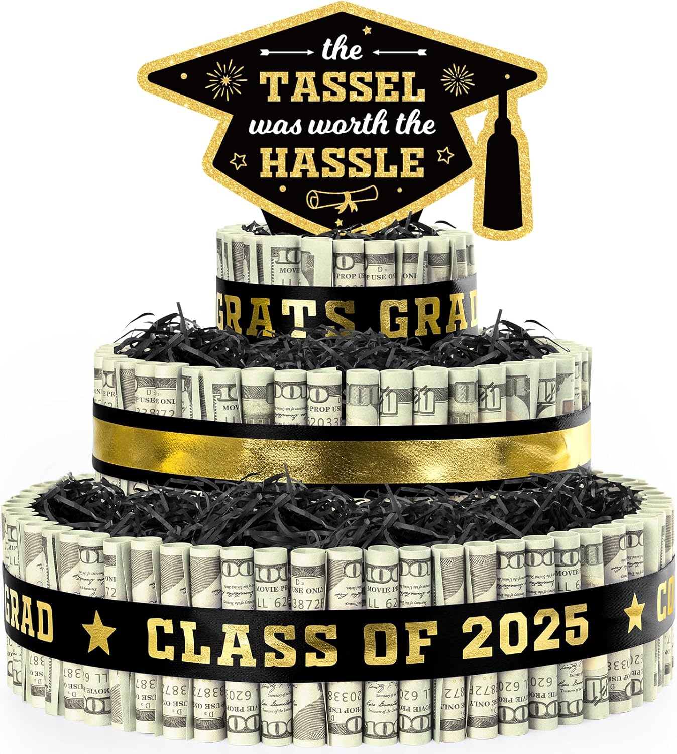 2025 Graduation Gifts for Class of 2025 Party Decorations,3 Tier Black and Gold Graduation Cap Cake Filled with Cash Money for College High School Graduate Funny Money Gifts Idea and Party Supplies