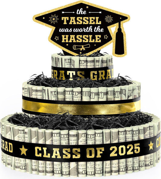 2025 Graduation Gifts for Class of 2025 Party Decorations,3 Tier Black and Gold Graduation Cap Cake Filled with Cash Money for College High School Graduate Funny Money Gifts Idea and Party Supplies