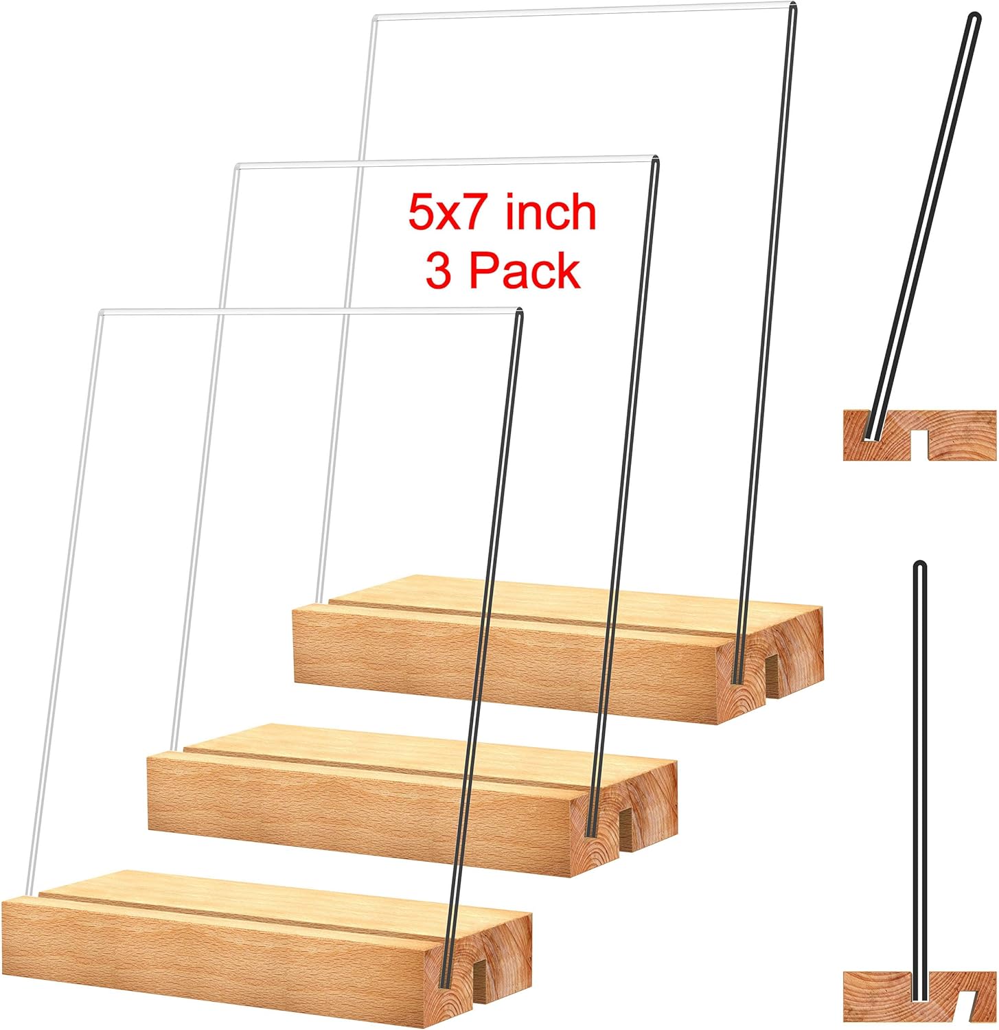 newnewshow Acrylic Sign Holder with Wood Base Wood Sign Holder Vertical or Slant Back Display for Store Office (5x7 L\/T)