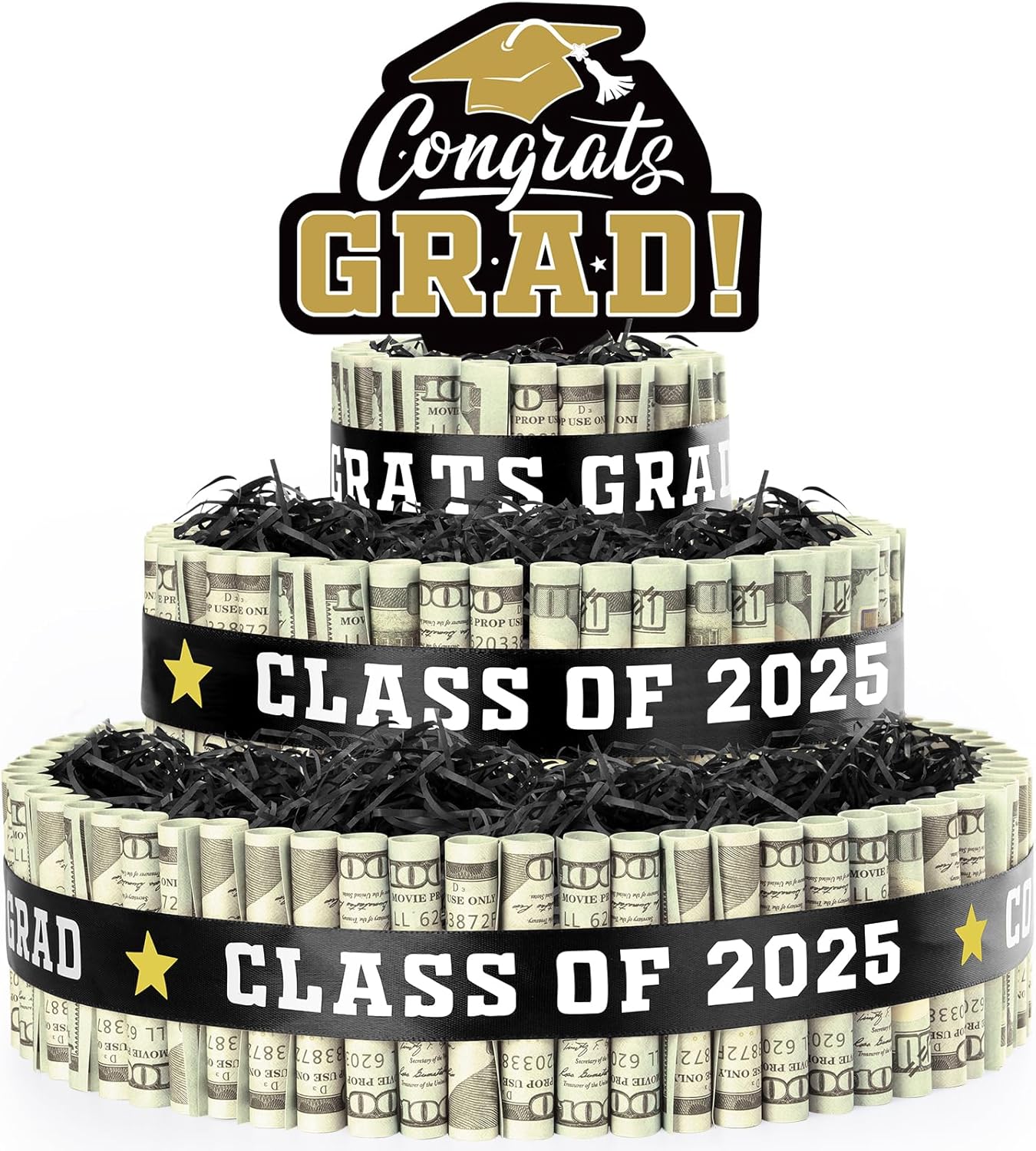 2025 Graduation Gifts for Class of 2025 Party Decorations,3 Tier Red Congrats Grad Cake Filled with Cash Money for College High School Graduation Funny Money Gifts Idea and Party Supplies